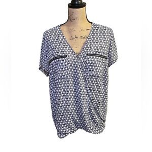 Maurices Stylish Blue, Red and White Wrap Blouse with zipper pocket accents.